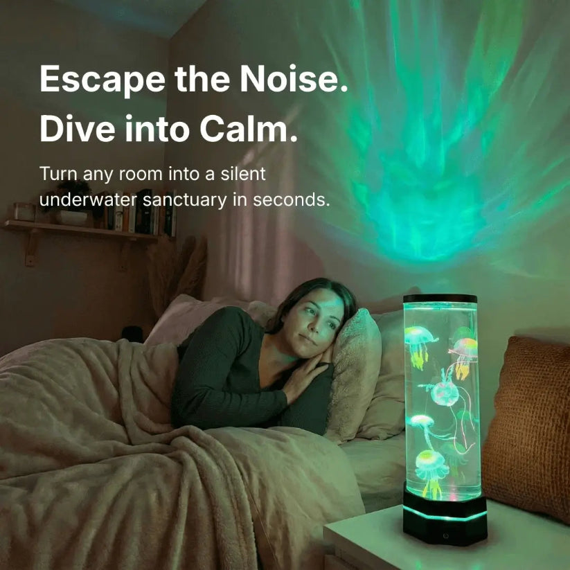 Woman lying on a bed with a jellyfish lamp in a dimly lit room, text 'Escape the Noise. Dive into Calm.'